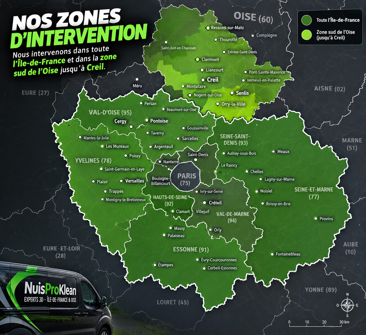 Zones d'intervention : toute l'Île-de-France et le sud de l'Oise